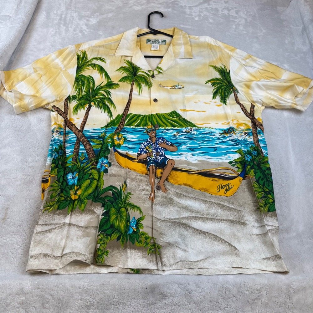 Two Palms Hawaiian Shirt Mens XL Yellow Hang‎ Loose Scenic Rayon Made in Hawaii